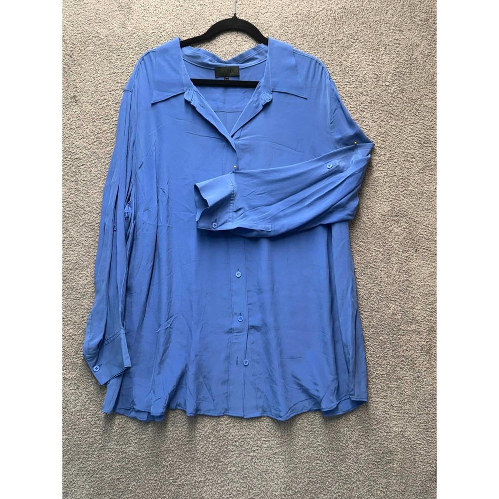 Ulla Popken Silk Blouse 20/22 Blue Button Shirt Long Sleeve Plus